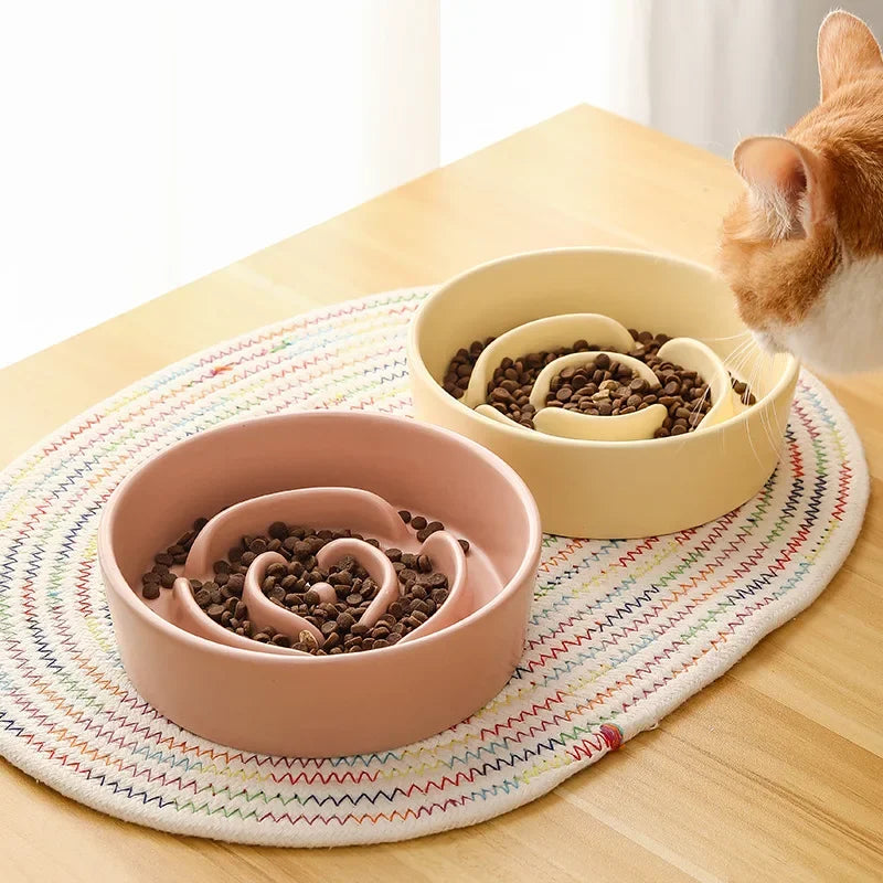 Ceramic Cat Dog Bowl, Ideal for Small and Medium-Sized Dogs, Slow Feeder Anti-Choking