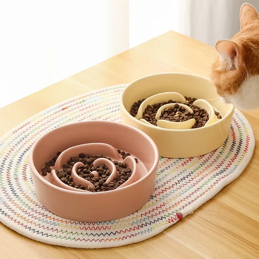 Ceramic Cat Dog Bowl, Ideal for Small and Medium-Sized Dogs, Slow Feeder Anti-Choking