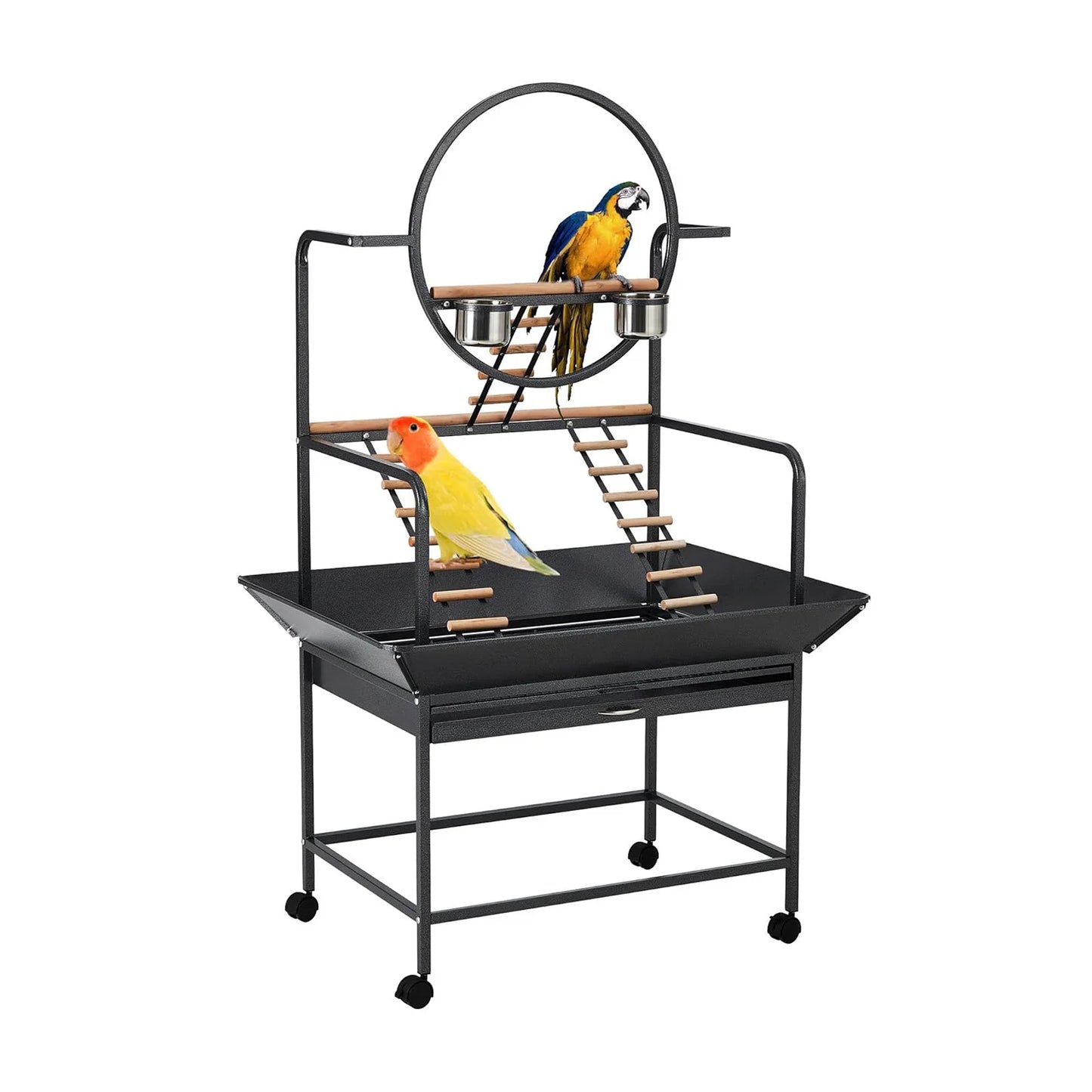 66" Extra Tall Bird Play Stand With Lockable Wheels, Heavy-Duty Metal Activity Center For Parrots/Conures/Cockatiels