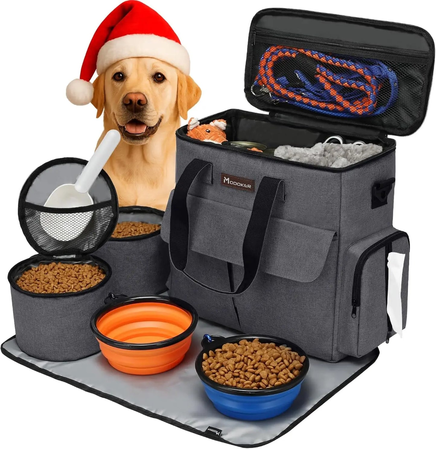 Airline Approved Pet Travel Bag, Dog & Cat Weekend Set with Organizer, Pockets, Food Containers & Collapsible Bowls (Dark Gray)