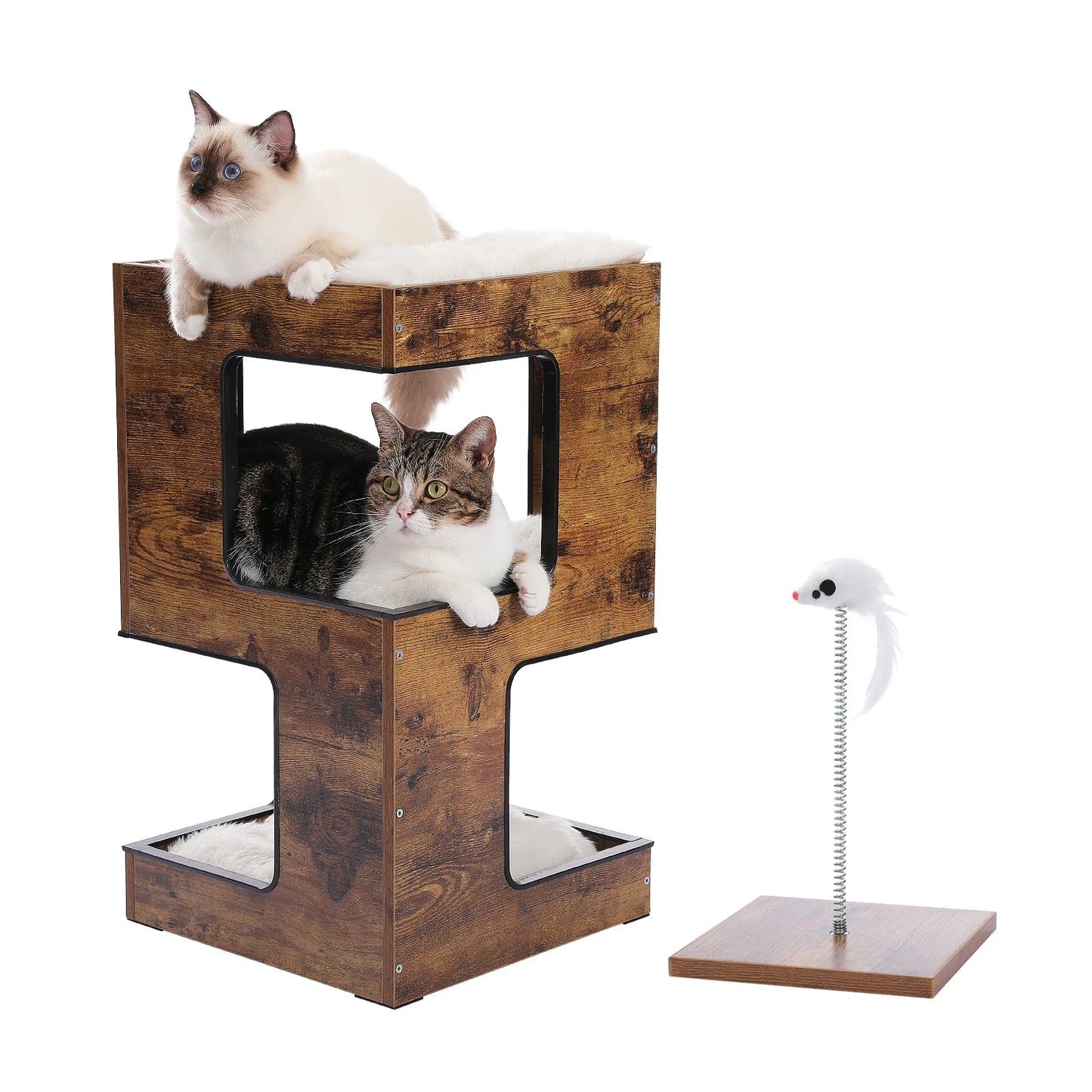 Wood Cat Condo House Bed with Removable Soft Mats | Modern Cat Tree Tower with Scratching Pad Cat | Scratcher Furniture Kitten Toys