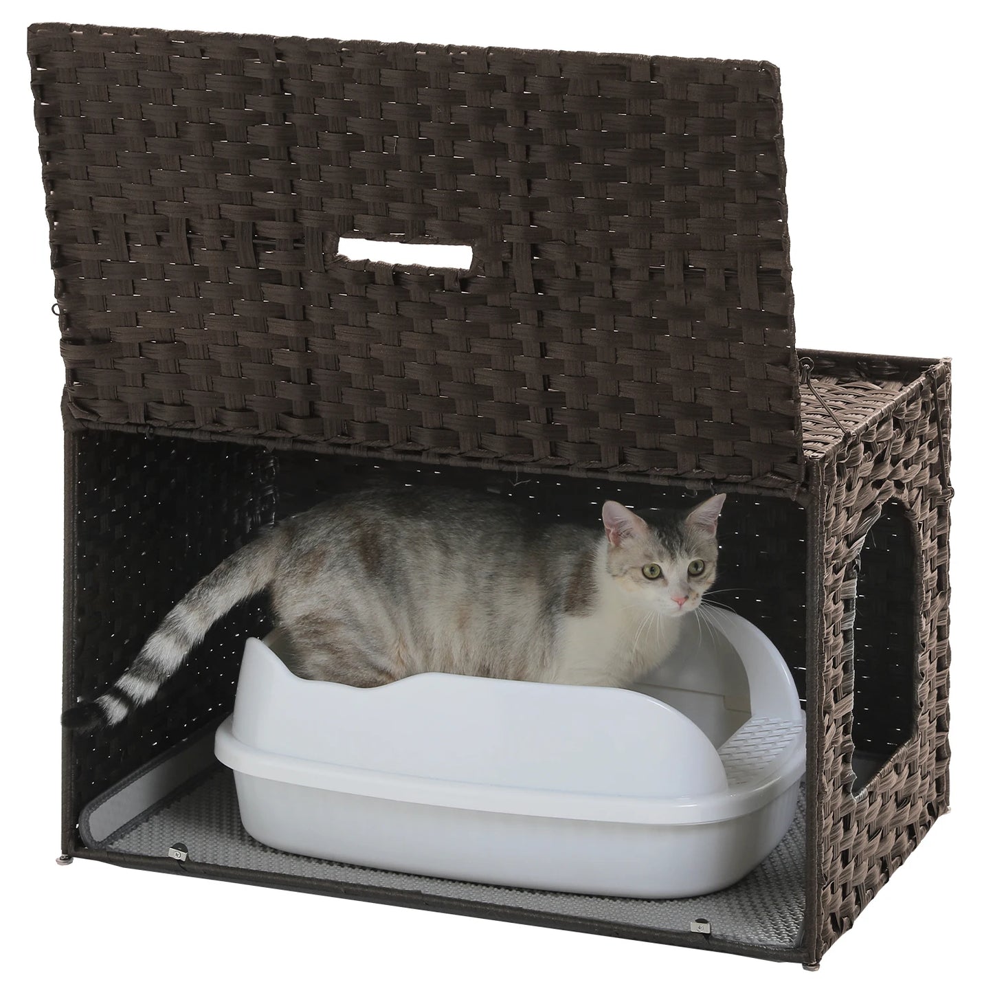 Rattan Cat Litter Box Enclosure with Taller Doorway and Flip-Up Design | More Space Raised Edge Mat | Cat House Cabinet Furniture