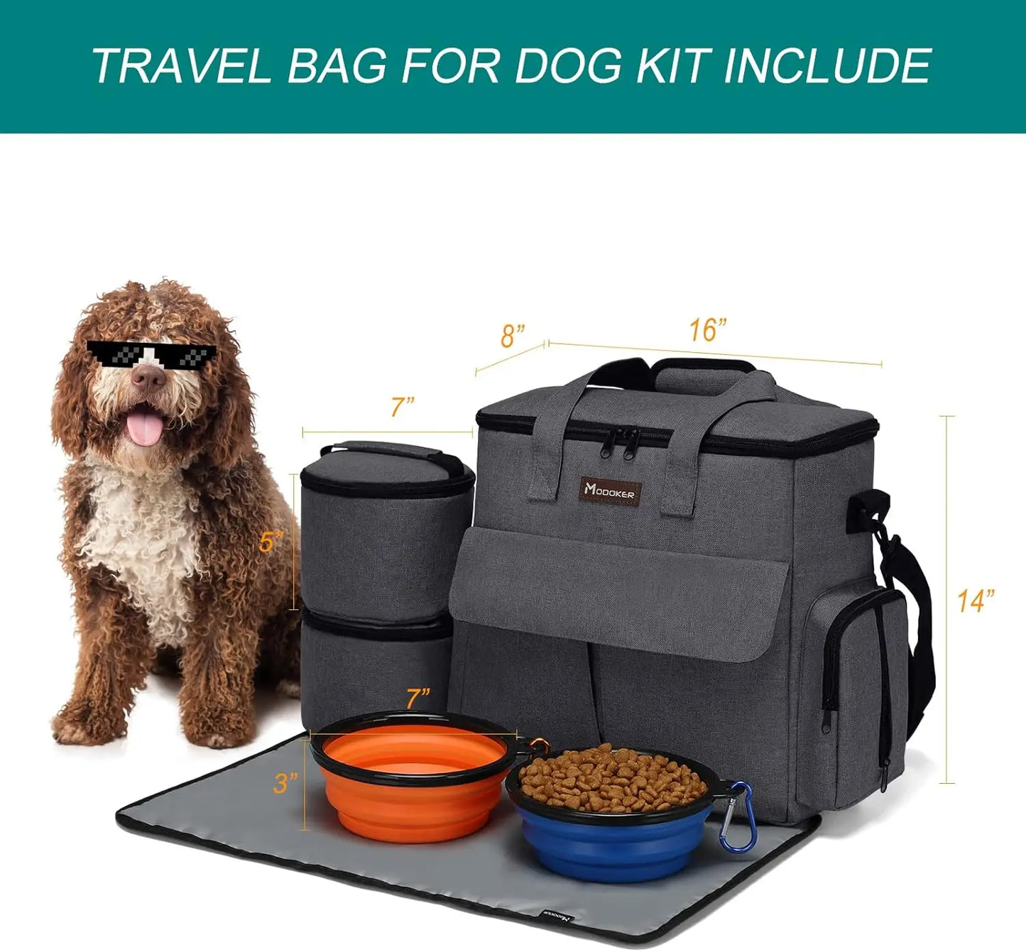 Airline Approved Pet Travel Bag, Dog & Cat Weekend Set with Organizer, Pockets, Food Containers & Collapsible Bowls (Dark Gray)
