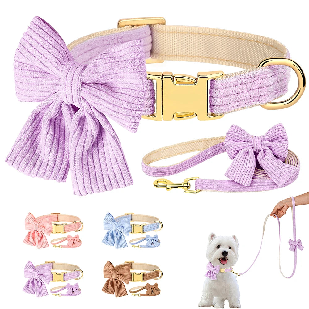 Dog Collar Leash Set Cute Bowknot |  Soft Velvet Pet Necklace Leashes  For Small Medium Dogs