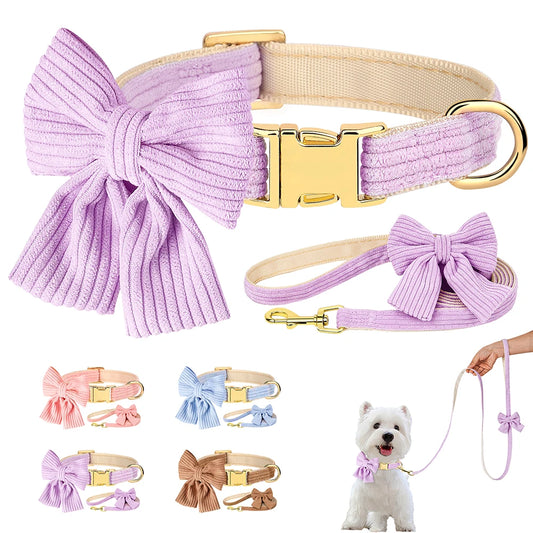 Dog Collar Leash Set Cute Bowknot |  Soft Velvet Pet Necklace Leashes  For Small Medium Dogs