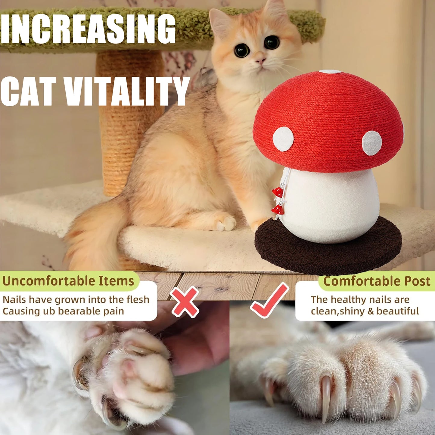 Red Mushroom-Shaped Sisal Cat Scratching Post |   Durable and Non-Falling |   Great for Paw Care and Furniture Protection |   Easy to Assemble |