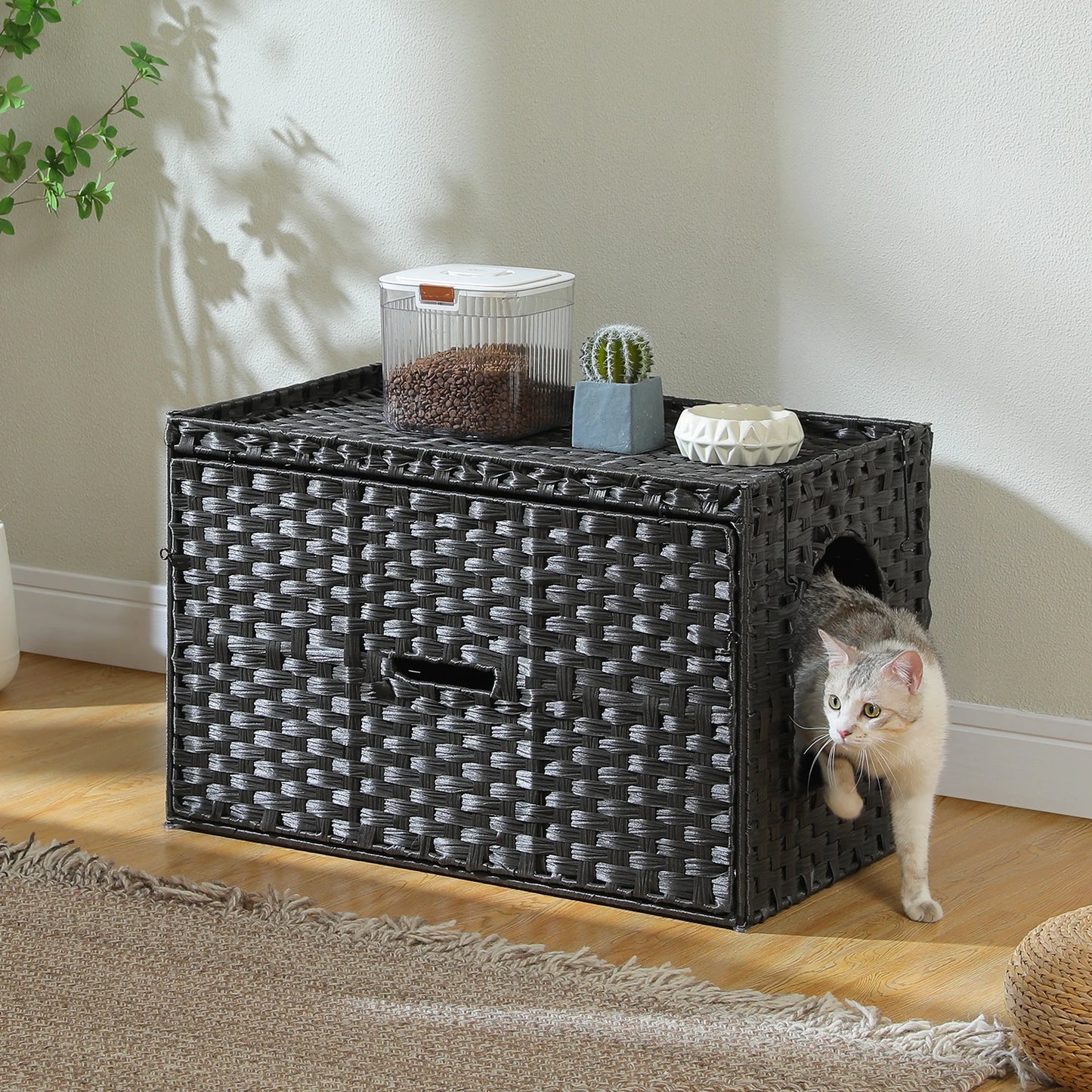 Rattan Cat Litter Box Enclosure with Taller Doorway and Flip-Up Design | More Space Raised Edge Mat | Cat House Cabinet Furniture