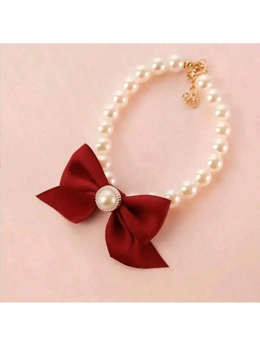 1pc Pet Cat Pearl Necklace, Cute Pearl Bow Tie Collar,Suitable For Small/Medium Dogs And Cats, Pet Christmas Decorative Necklace