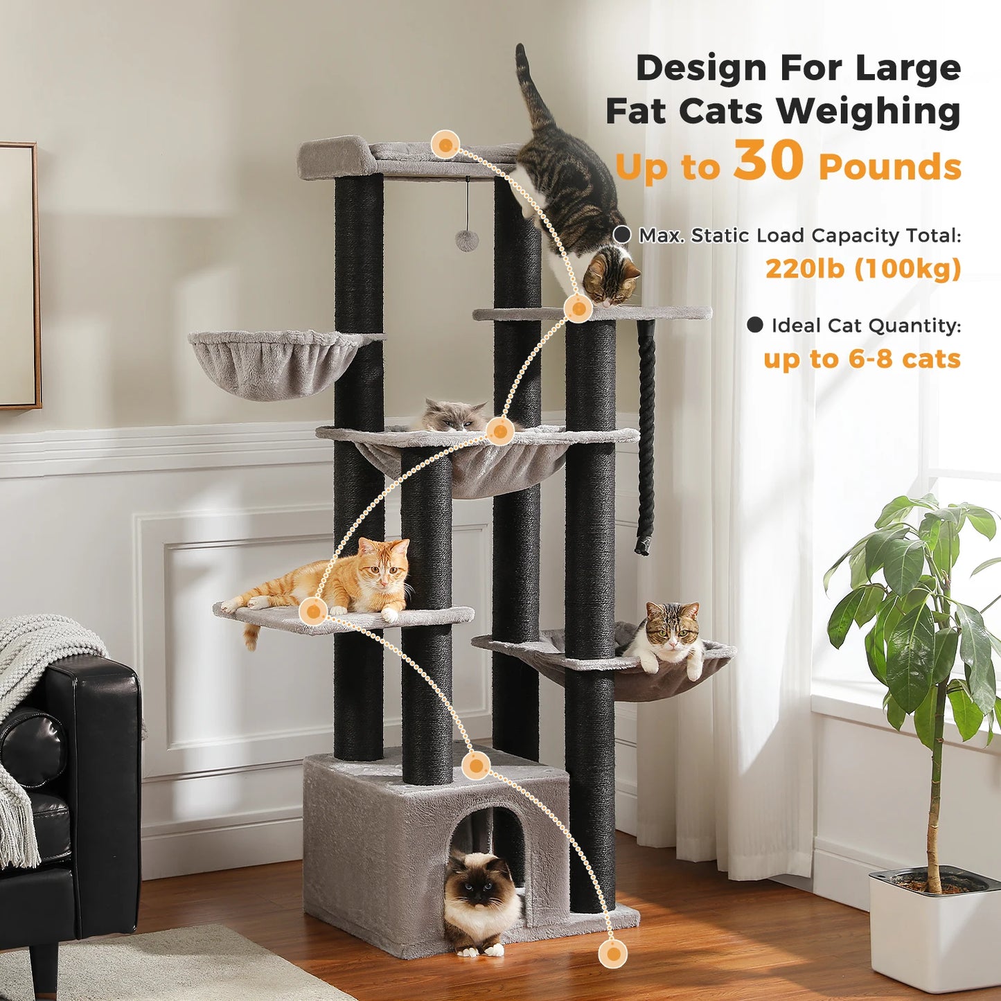 Large Tree Robust Cat Tower with Several Levels| Cat House Climbing Tree with Hammock 11 Sisal Posts  Perch