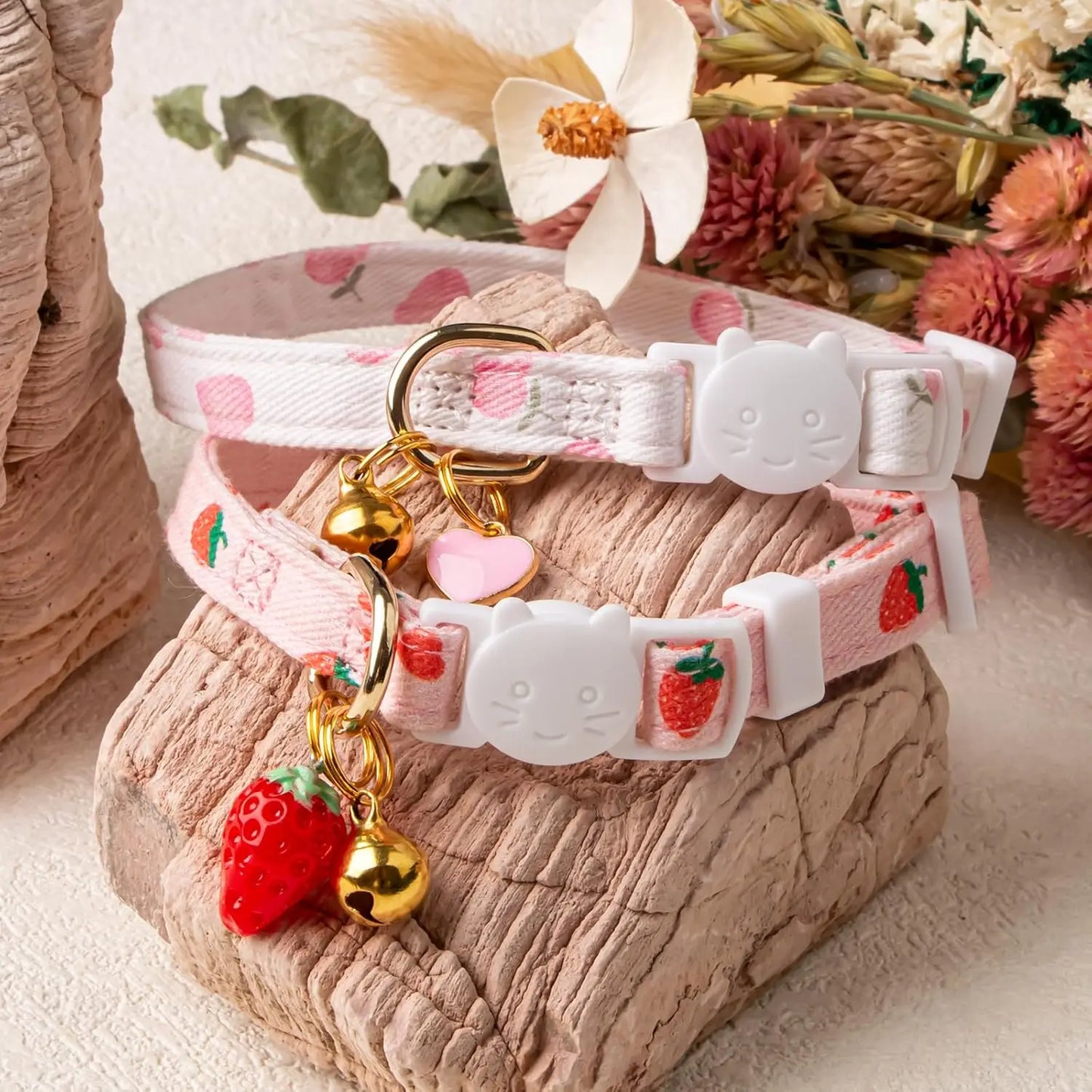 2 Pack Pink Strawberry Cat Collar with Bell, Adjustable Breakaway Safety Collar for Kittens