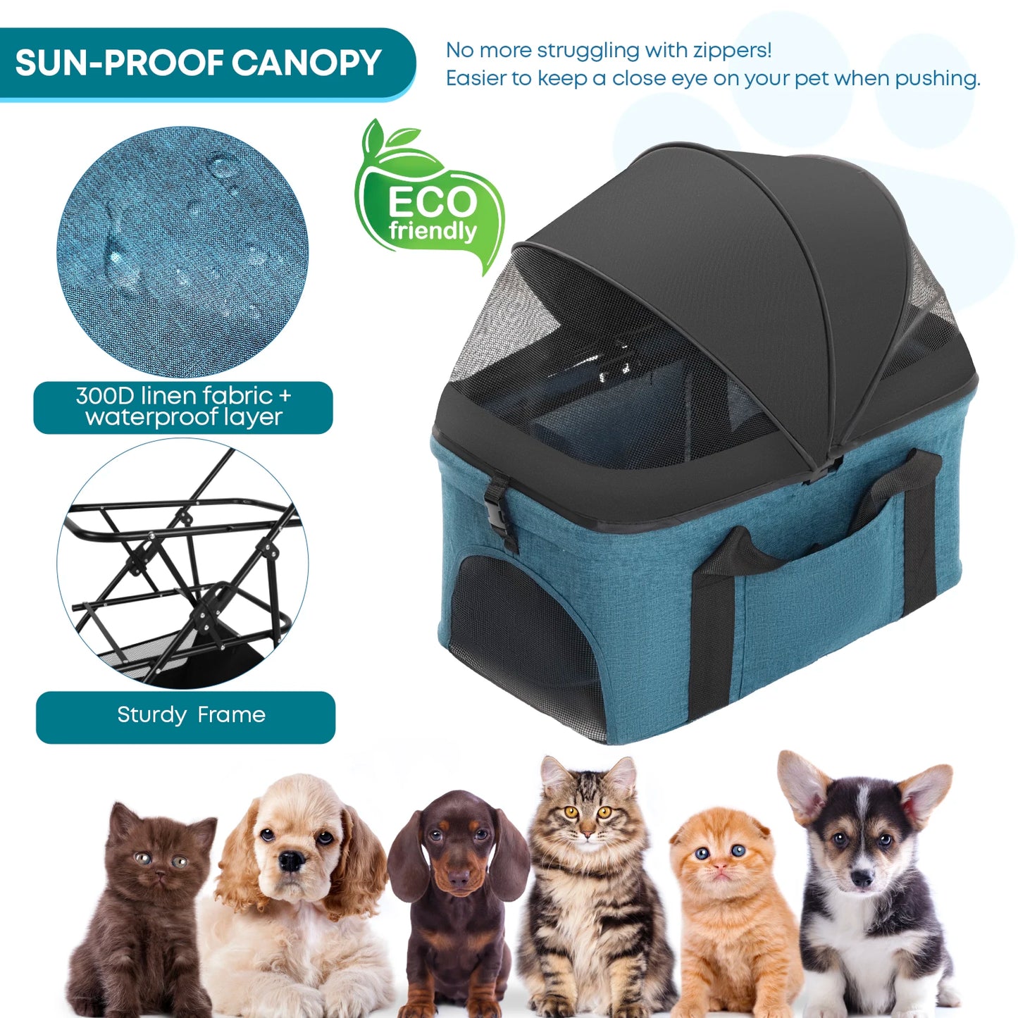 Pet Stroller with Canopy 4 Wheels | Strolling Cart for Small/Medium Dogs and Cats with Removable Carrier Breathable Mesh