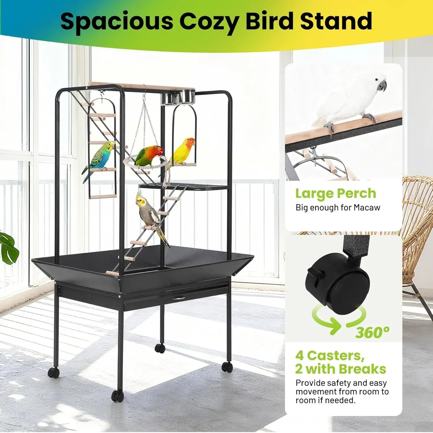 64" Bird Playstand with Wheels, Indoor Outdoor Parrot Activity Center With Perches, Ladders, Storage Shelf & Toy Hooks