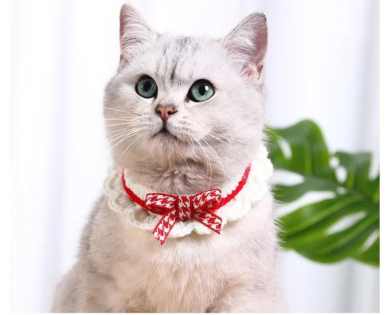 Cute Bow-knot Hand-knitted Saliva Towel  |  Adjustable Collar Decorative for  Dogs/ Cat  Pet  Accessories