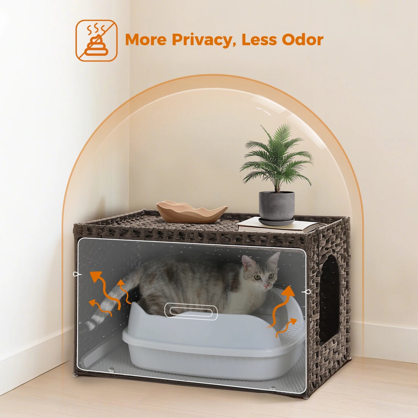 Rattan Cat Litter Box Enclosure with Taller Doorway and Flip-Up Design | More Space Raised Edge Mat | Cat House Cabinet Furniture
