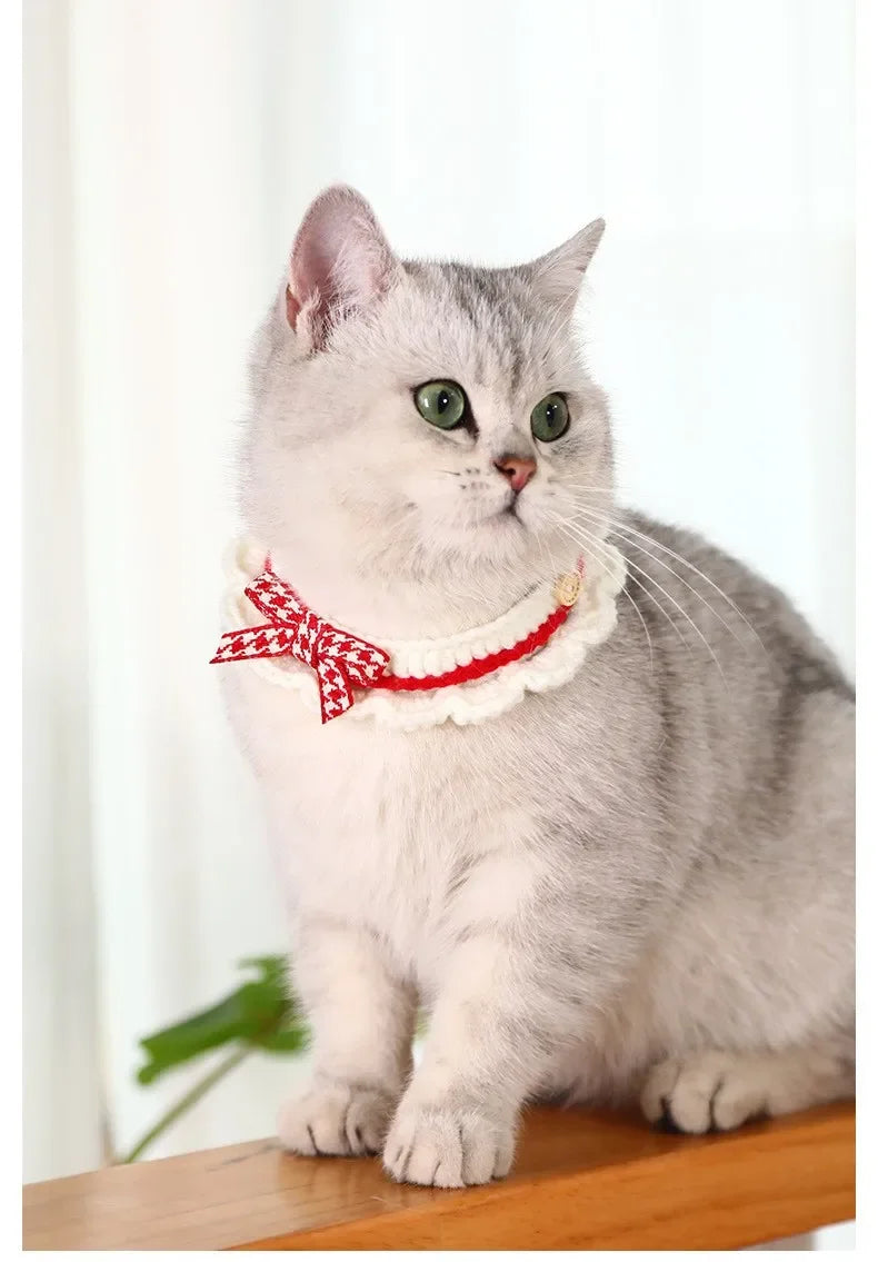 Cute Bow-knot Hand-knitted Saliva Towel  |  Adjustable Collar Decorative for  Dogs/ Cat  Pet  Accessories