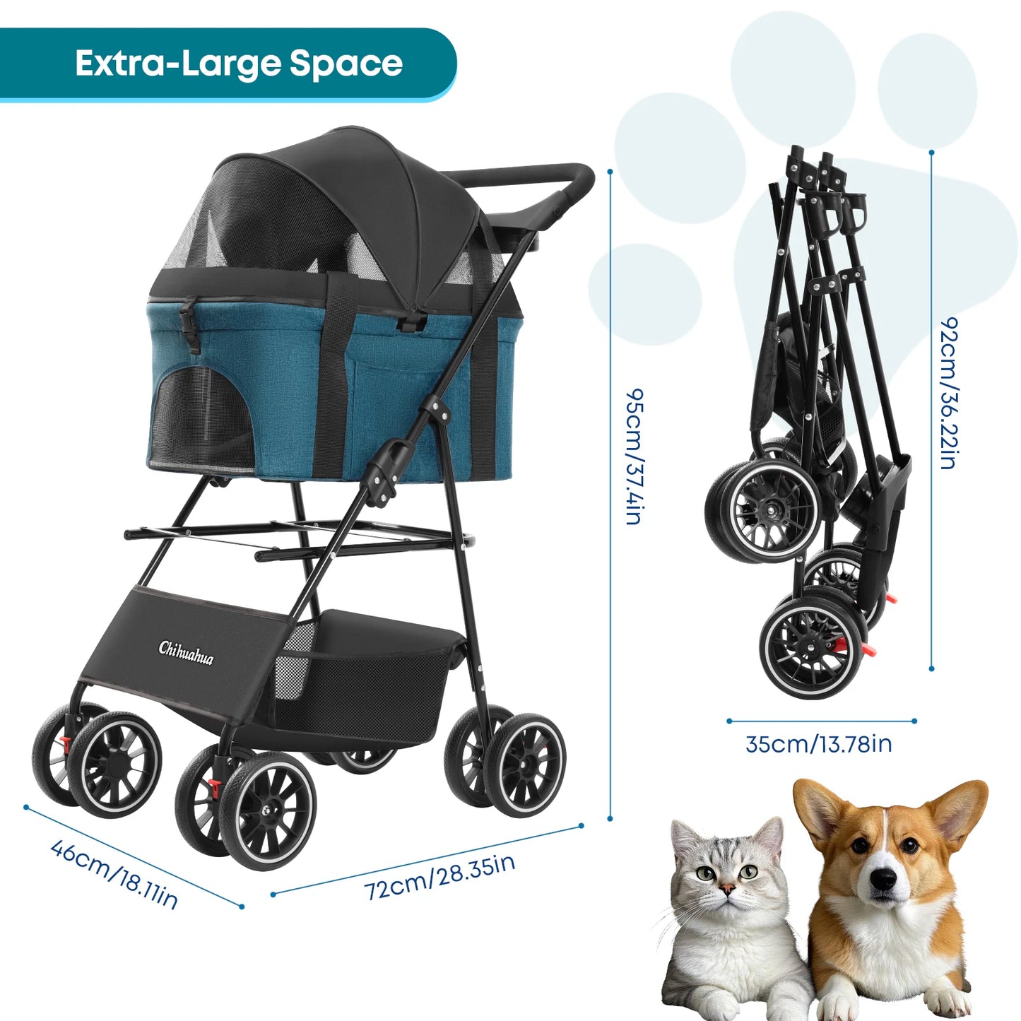 Pet Stroller with Canopy 4 Wheels | Strolling Cart for Small/Medium Dogs and Cats with Removable Carrier Breathable Mesh