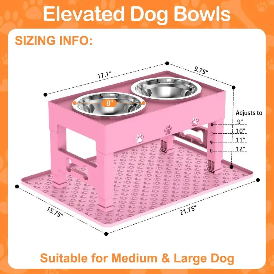 Dog Bowls with Mat, Raised Dog Bowl Stand with 2 Stainless Steel Bowls, 5 Height Adjustable 3.1, 9, 10, 11, 12 Nonslip Feed