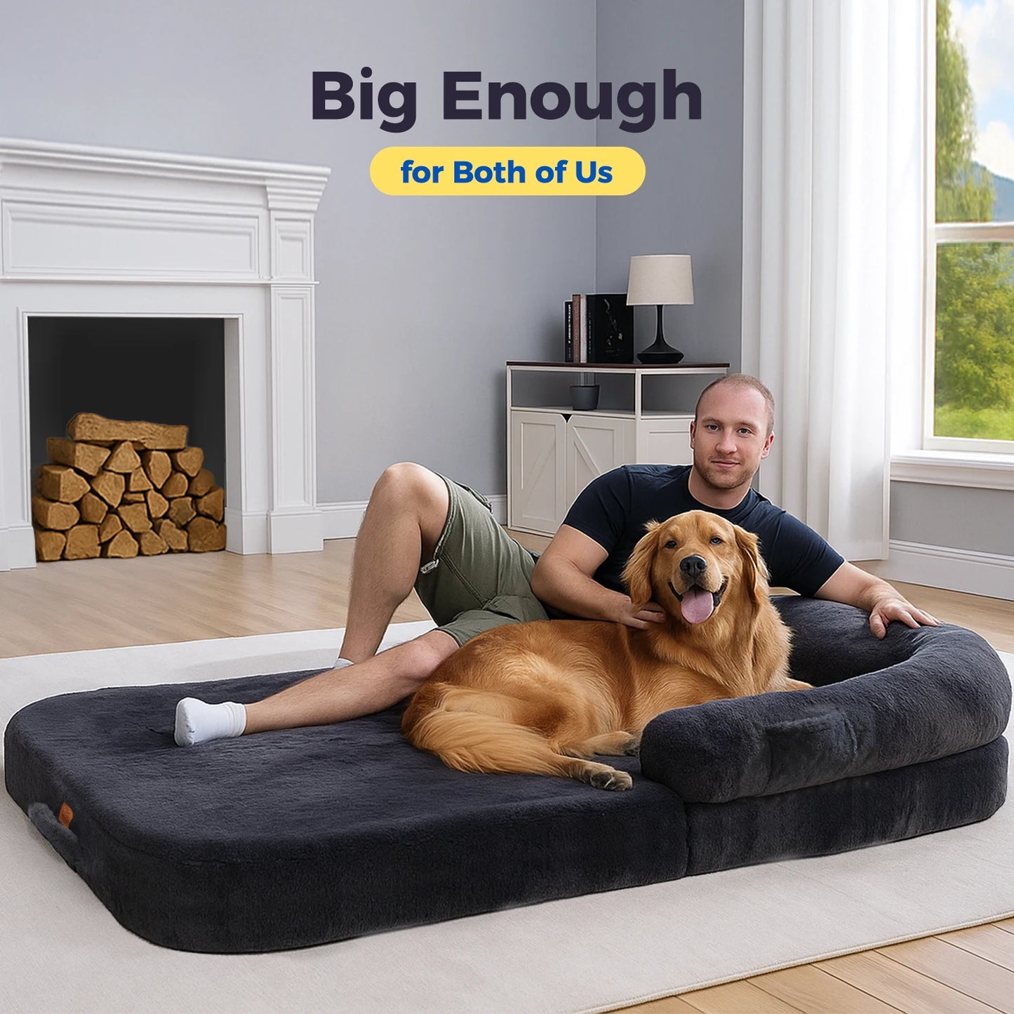 Foldable Dog Bed, Plush Pet Couch Bed for Large Dogs, Washable Sofa Bed with Non-Slip Bottom