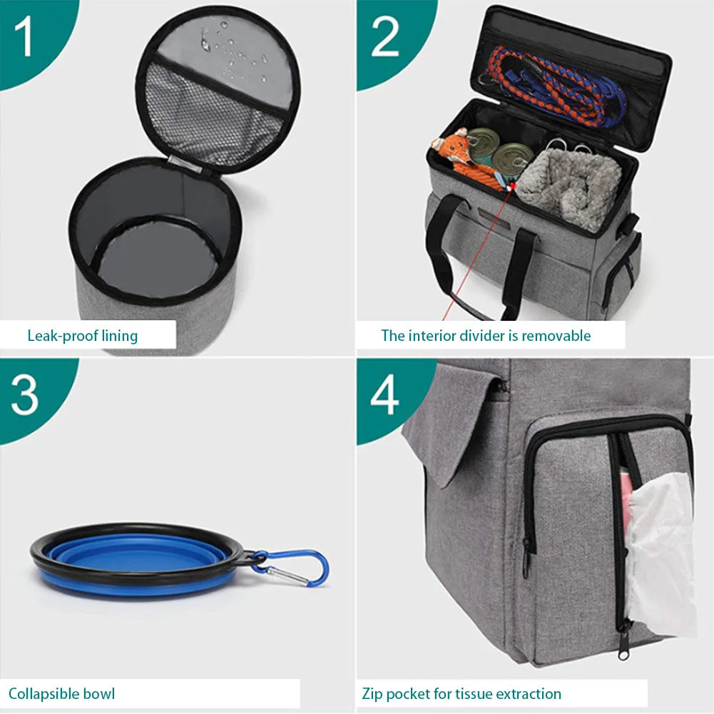 Dog and Cat Travel Backpack  Organizer for Week Away/Overnight, w/ 2 Food Bags 1 Waterproof Placemat 2 Foldable Bowls