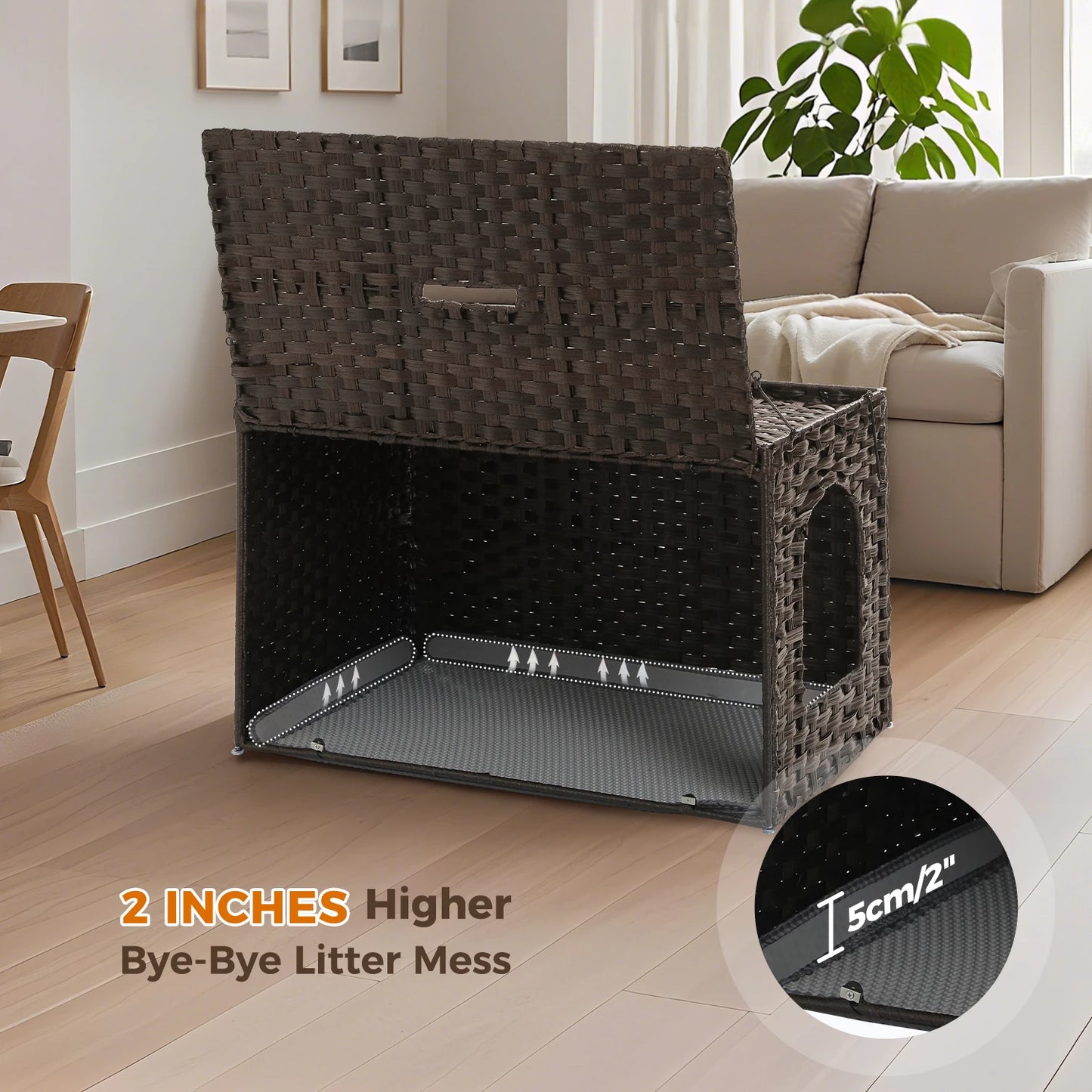 Rattan Cat Litter Box Enclosure with Taller Doorway and Flip-Up Design | More Space Raised Edge Mat | Cat House Cabinet Furniture