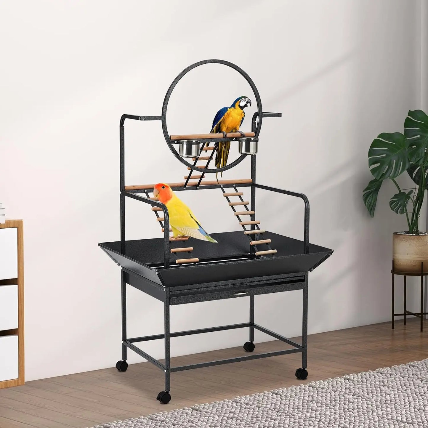 66" Extra Tall Bird Play Stand With Lockable Wheels, Heavy-Duty Metal Activity Center For Parrots/Conures/Cockatiels