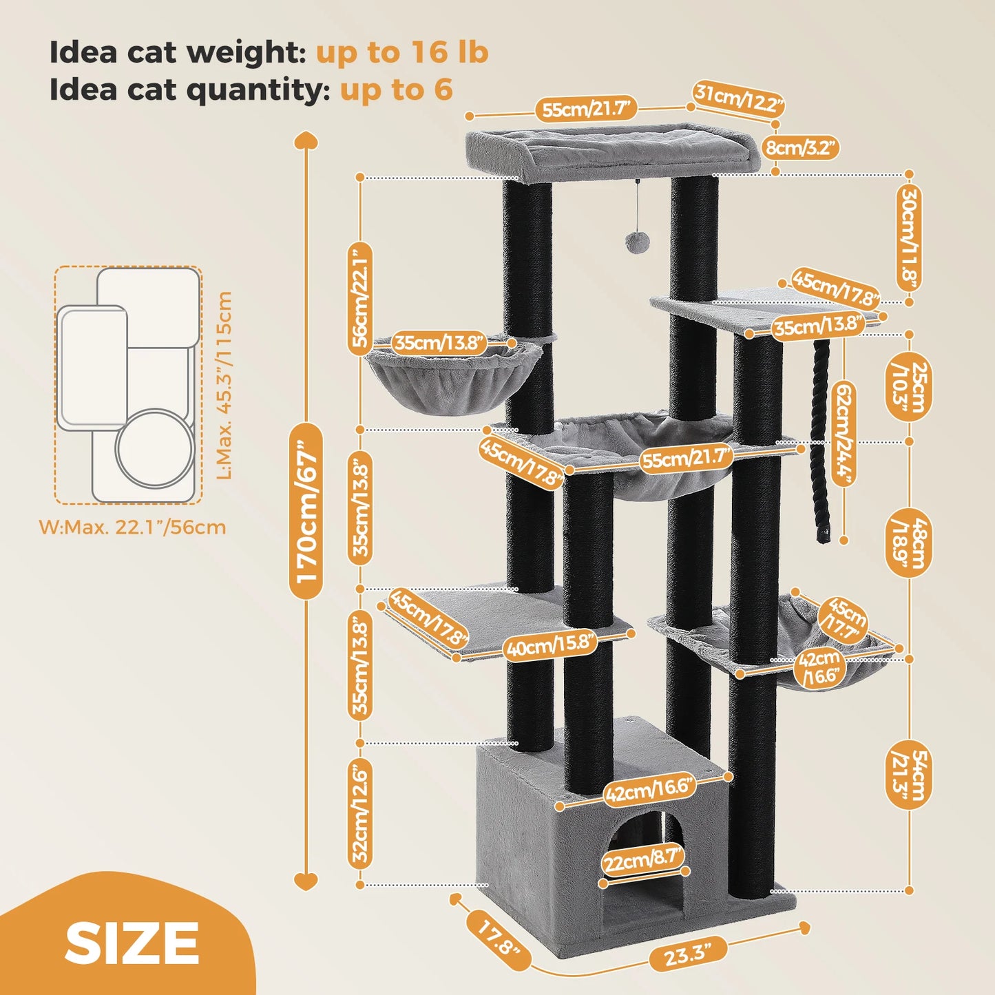 Large Tree Robust Cat Tower with Several Levels| Cat House Climbing Tree with Hammock 11 Sisal Posts  Perch