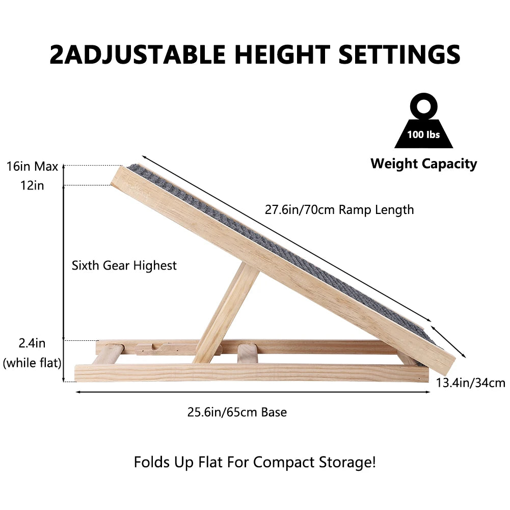 Dog Ramp Ladder Natural Pine Wood | Lightweight Folding |  Anti-skid Adjustable 2 Height Climbing Ladder for Cats, Dogs and small Animals