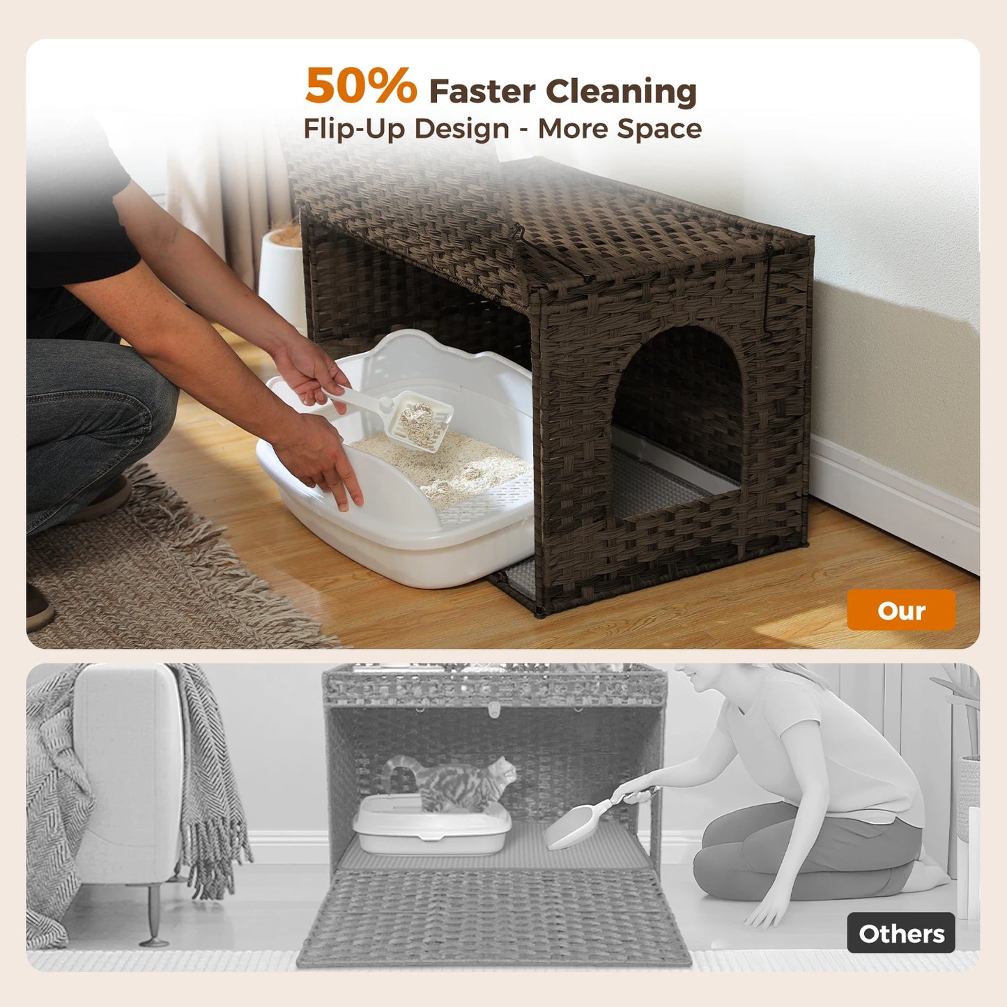 Rattan Cat Litter Box Enclosure with Taller Doorway and Flip-Up Design | More Space Raised Edge Mat | Cat House Cabinet Furniture