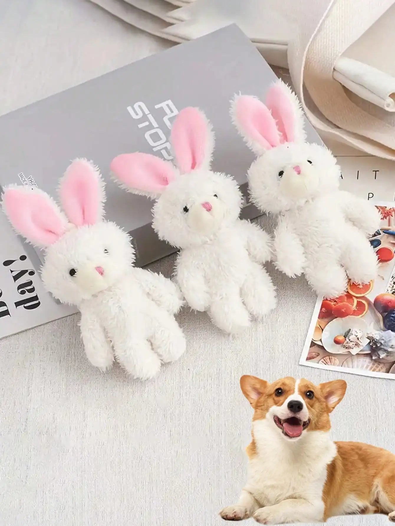3-Pack White Plush Rabbit Dog Toys with Pink Ears, Soft Chew & Squeaker for Small to Medium Dogs
