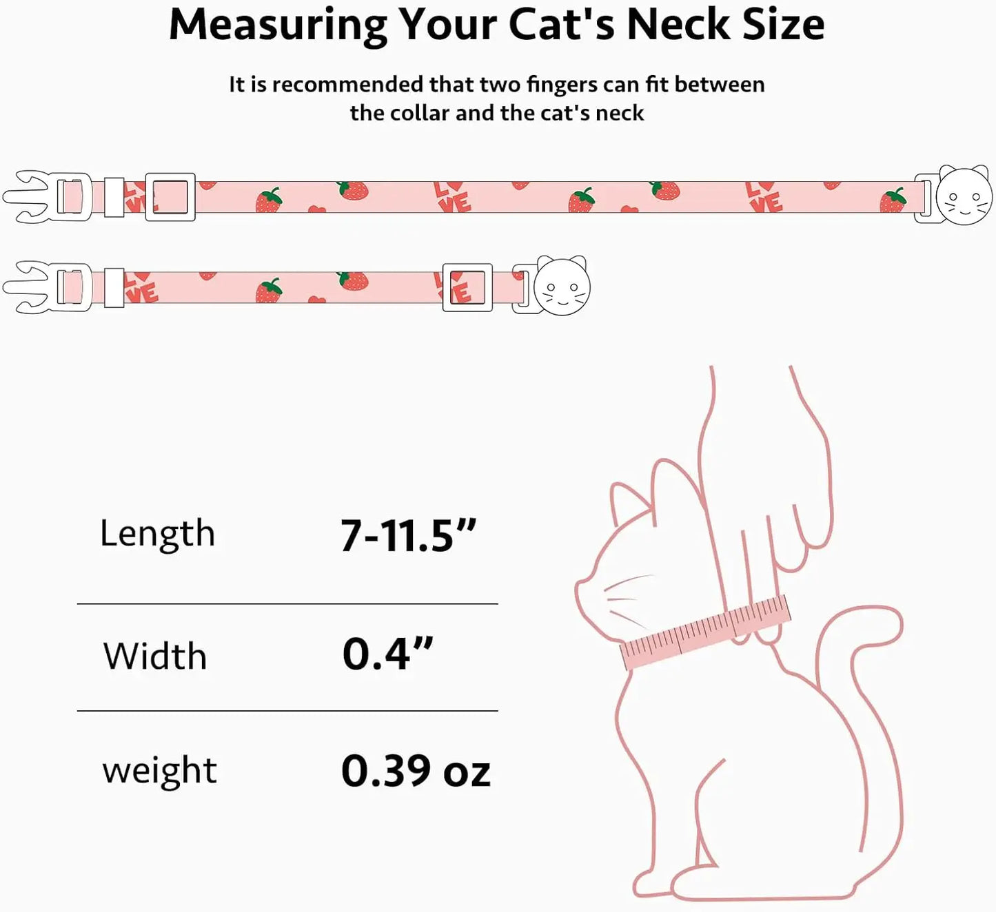 2 Pack Pink Strawberry Cat Collar with Bell, Adjustable Breakaway Safety Collar for Kittens