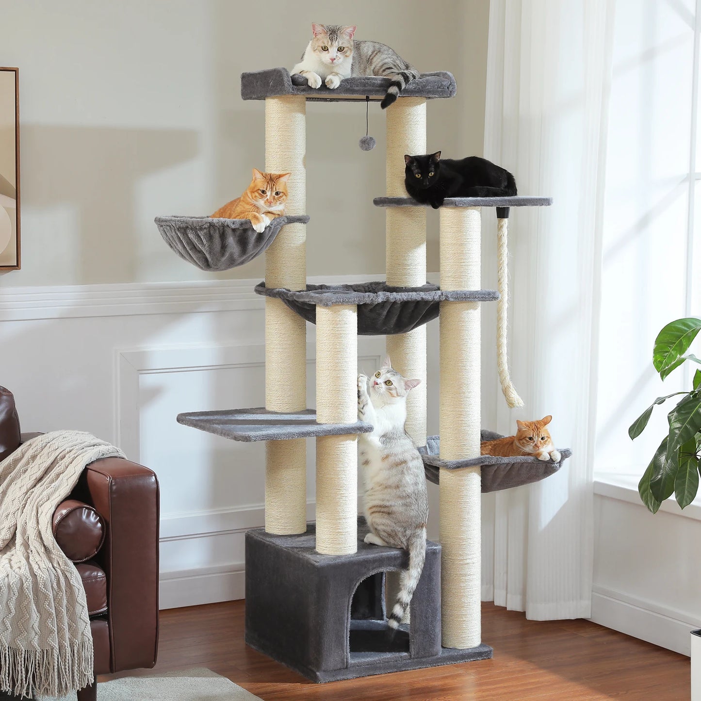 Large Tree Robust Cat Tower with Several Levels| Cat House Climbing Tree with Hammock 11 Sisal Posts  Perch
