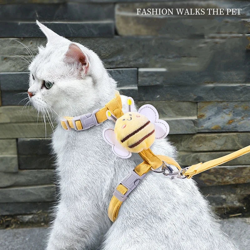 Cat Harness Leash Collar Set |  Adjustable Cartoon Bee Double Layer Dog Harness for Small Medium Cat Leash Outdoor Walking