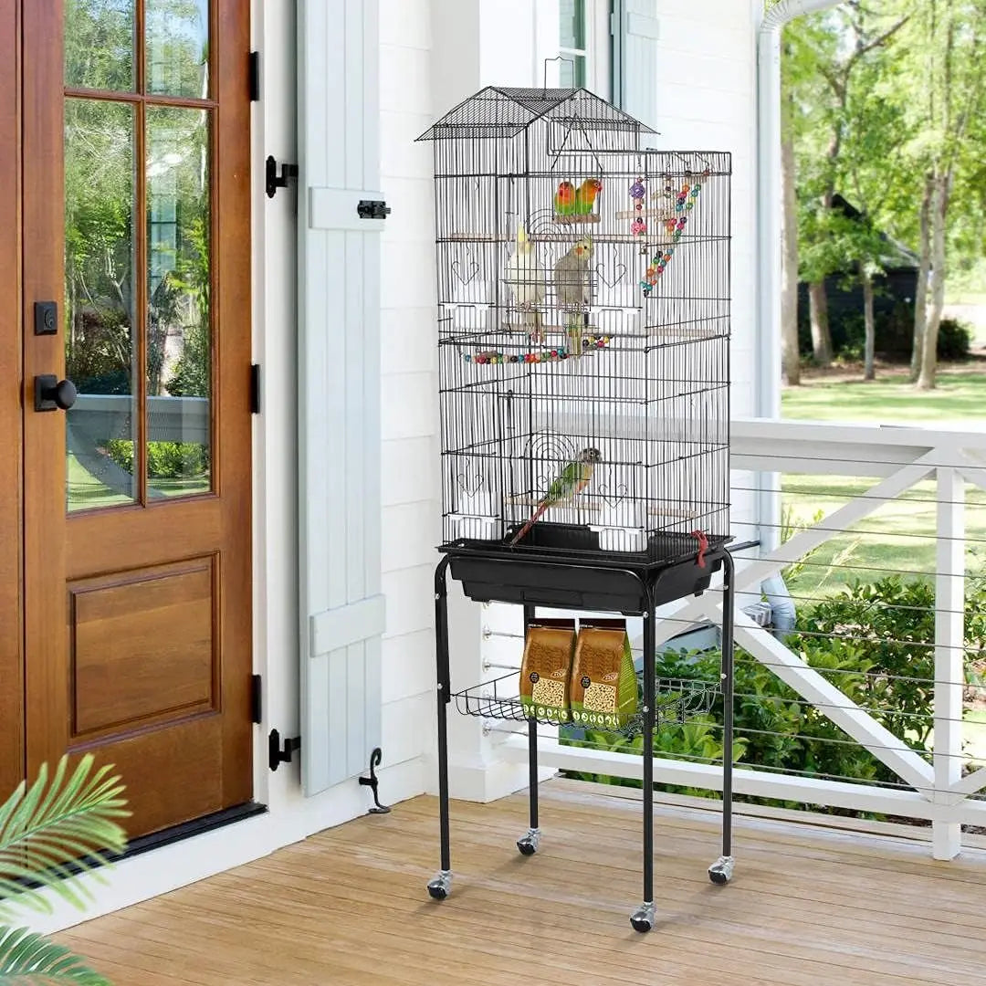 Medium Parrot Cage with Rolling Stand, Safe Design for Small Birds, Easy Assembly and Cleaning