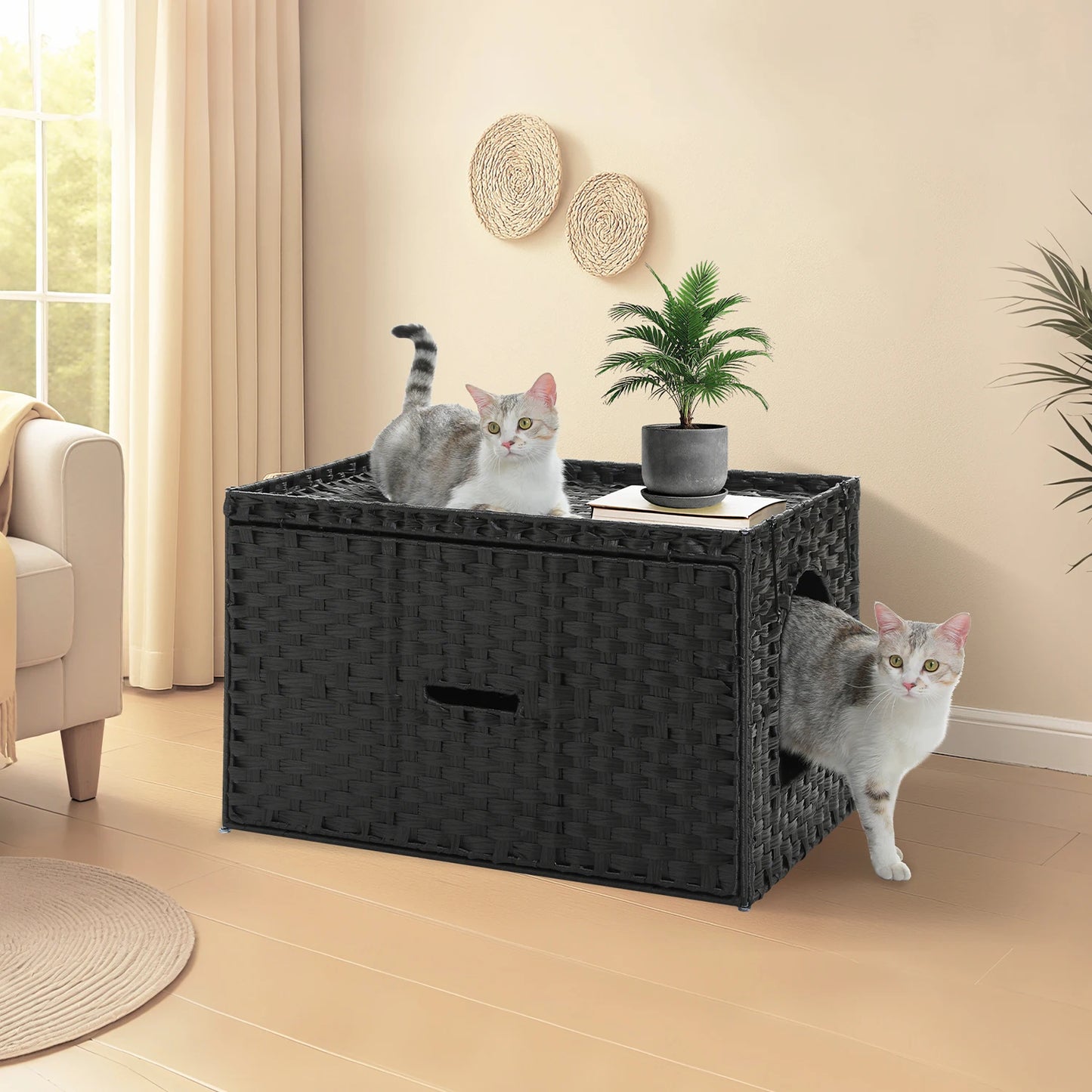 Rattan Cat Litter Box Enclosure with Taller Doorway and Flip-Up Design | More Space Raised Edge Mat | Cat House Cabinet Furniture
