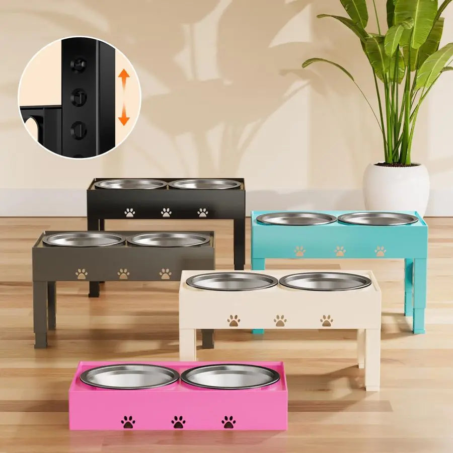 Dog Bowls with Mat, Raised Dog Bowl Stand with 2 Stainless Steel Bowls, 5 Height Adjustable 3.1, 9, 10, 11, 12 Nonslip Feed