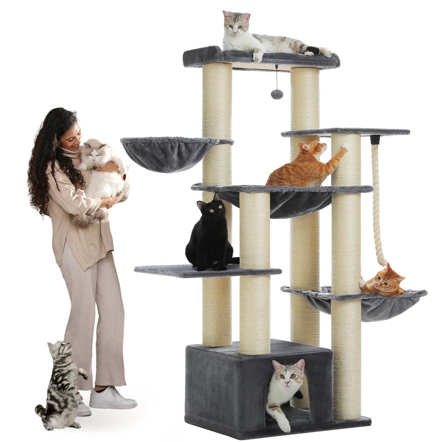 Large Tree Robust Cat Tower with Several Levels| Cat House Climbing Tree with Hammock 11 Sisal Posts  Perch