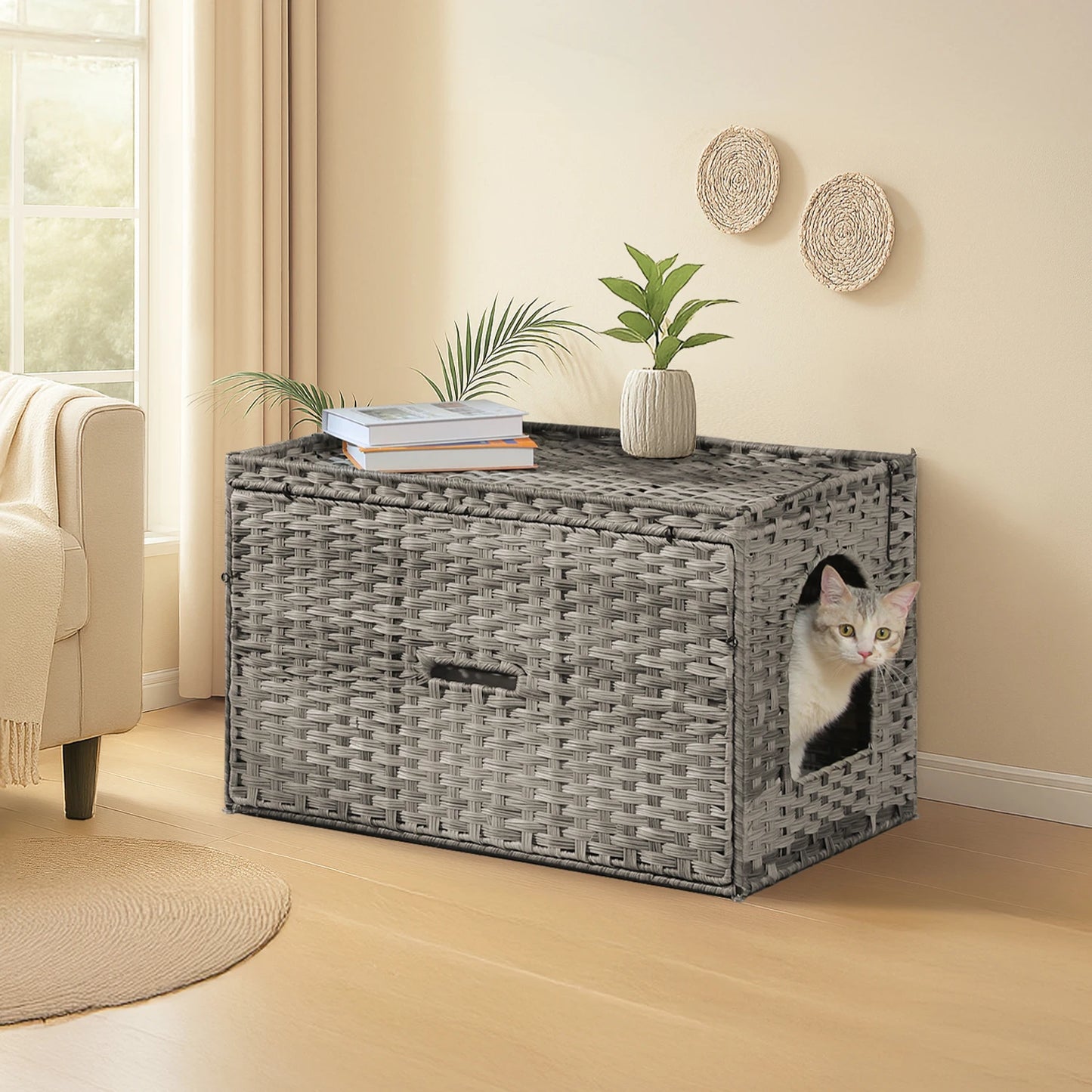 Rattan Cat Litter Box Enclosure with Taller Doorway and Flip-Up Design | More Space Raised Edge Mat | Cat House Cabinet Furniture