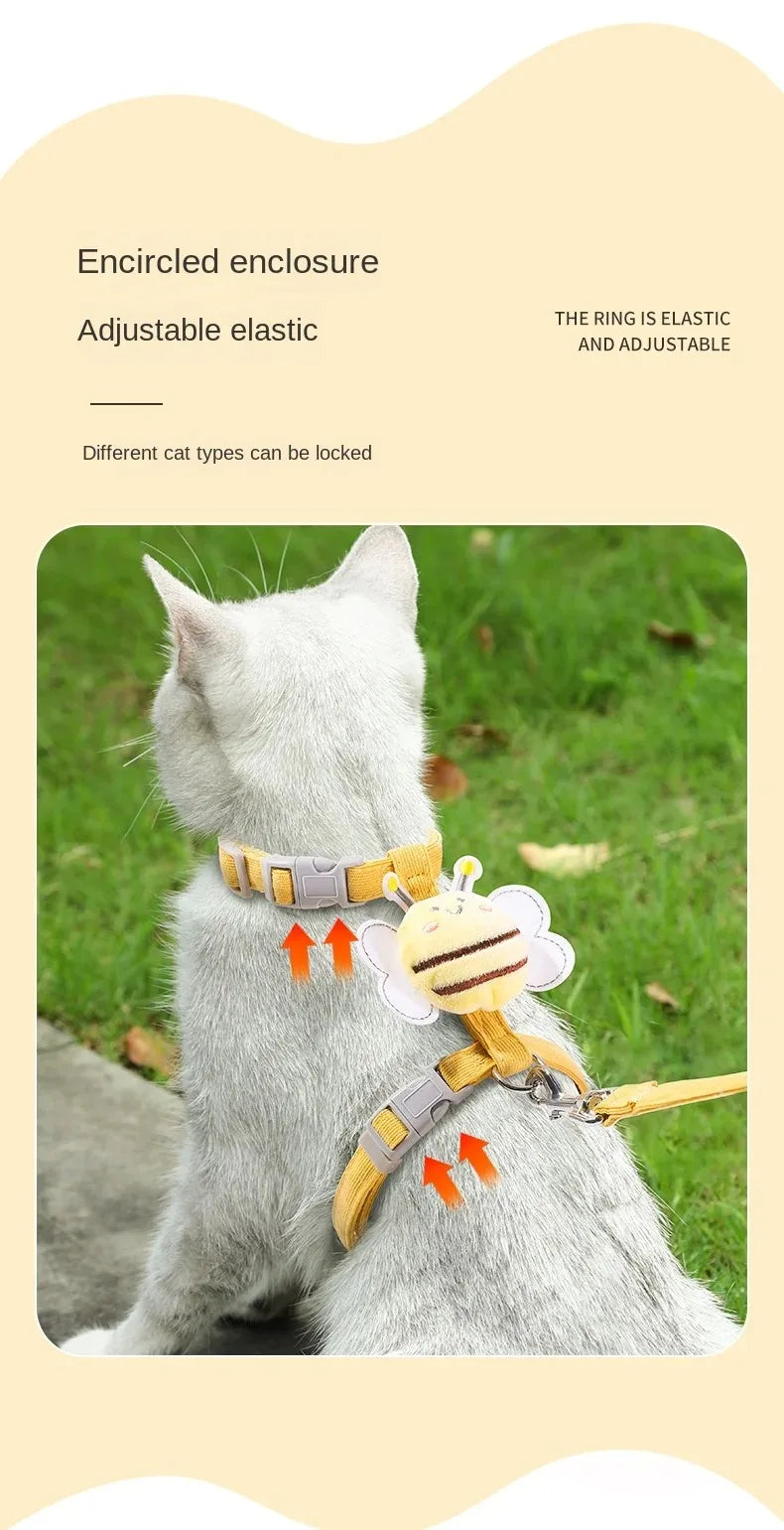 Cat Harness Leash Collar Set |  Adjustable Cartoon Bee Double Layer Dog Harness for Small Medium Cat Leash Outdoor Walking