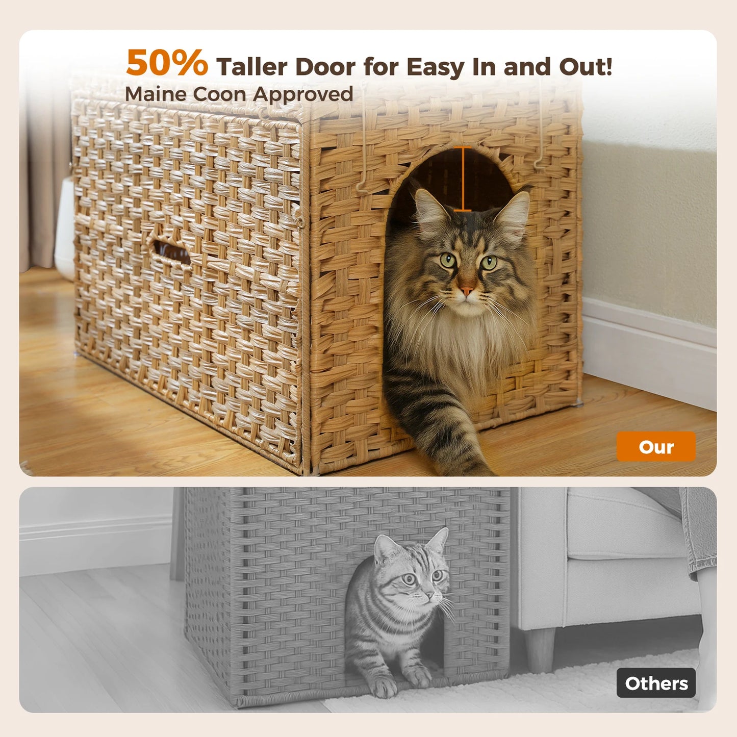 Rattan Cat Litter Box Enclosure with Taller Doorway and Flip-Up Design | More Space Raised Edge Mat | Cat House Cabinet Furniture