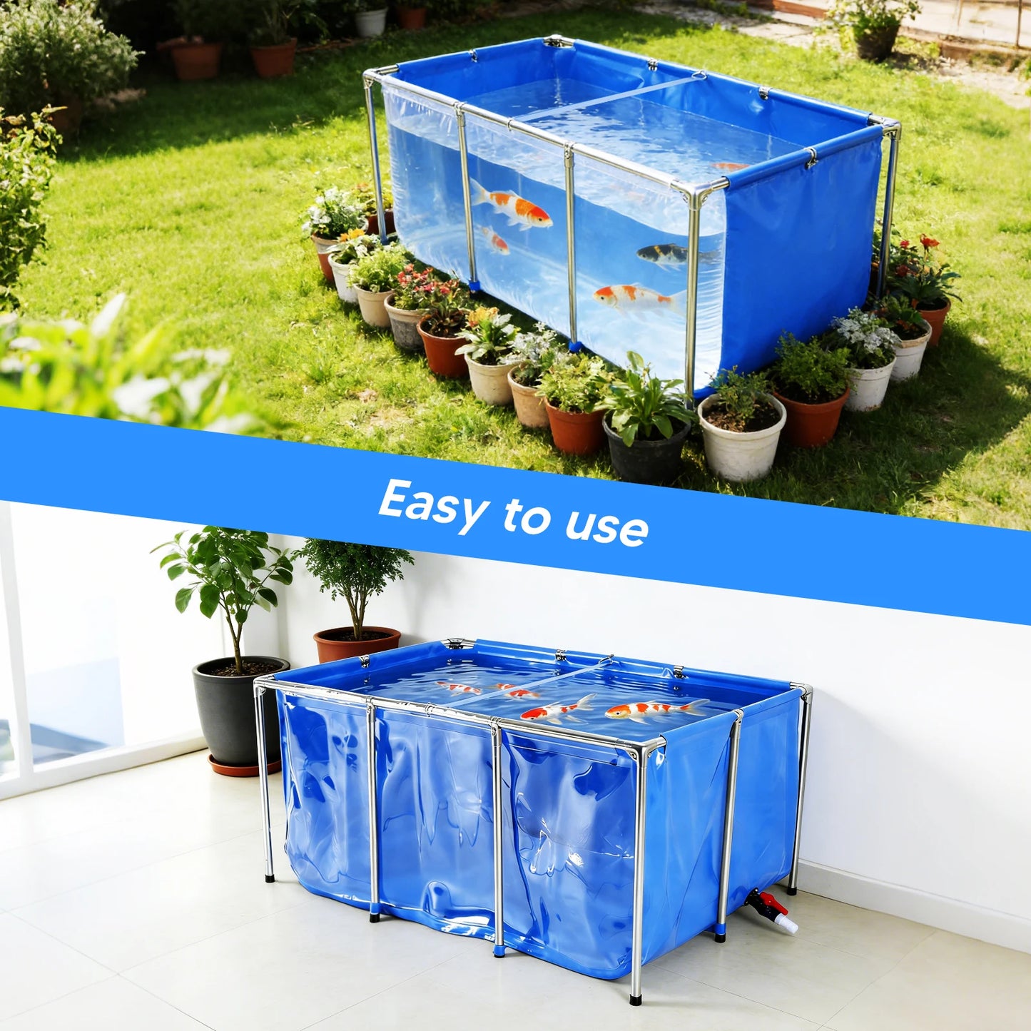 Above Ground Fish Pond with Frame & Drain Valve | Clear Viewing Panel for Ornamental Fish & Outdoor Use