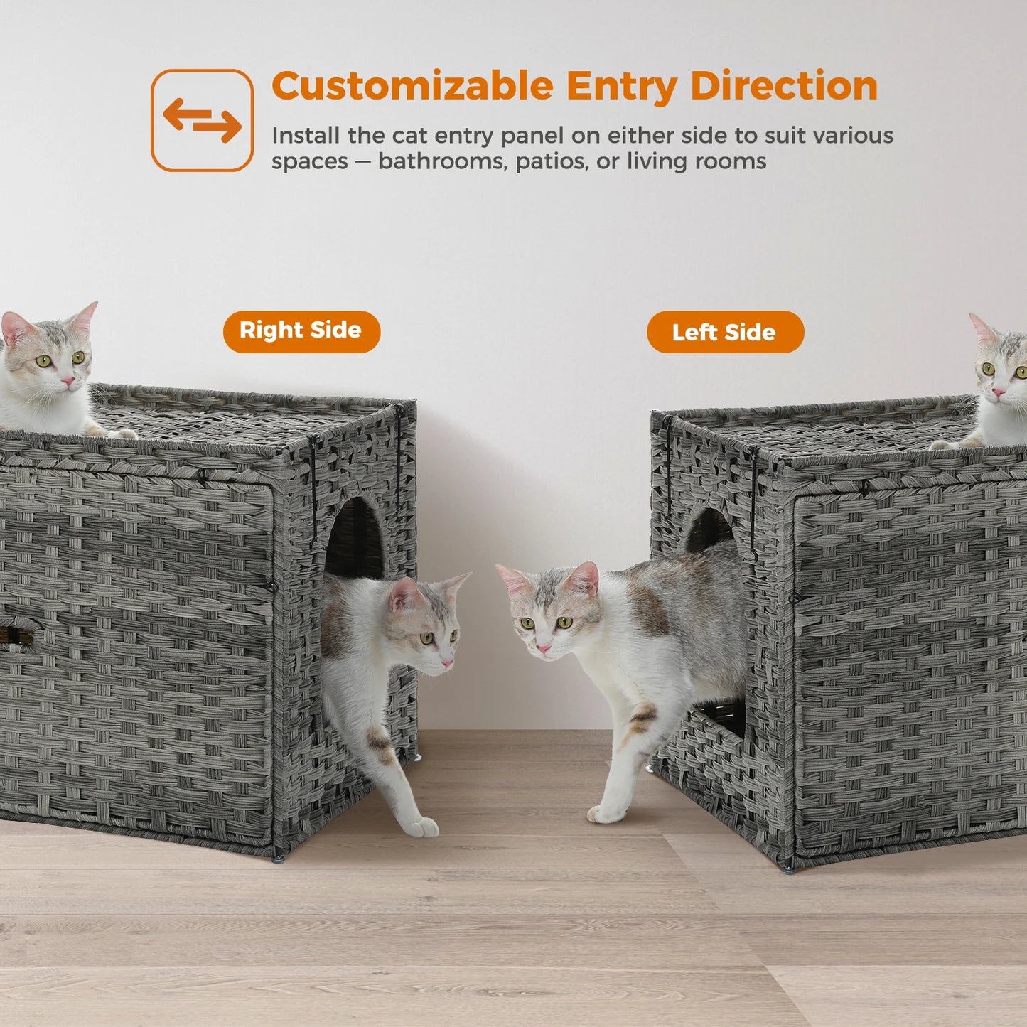 Rattan Cat Litter Box Enclosure with Taller Doorway and Flip-Up Design | More Space Raised Edge Mat | Cat House Cabinet Furniture