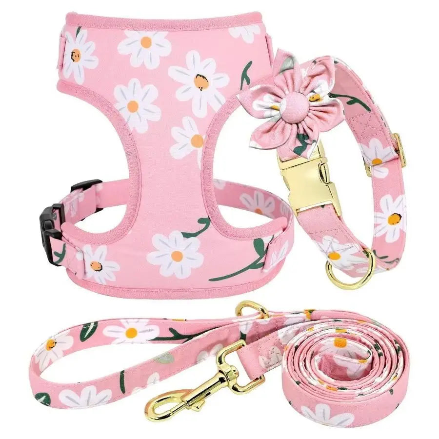 Cute Girl Dog Collars | Adjustable Dog Collar and Leash Set with Flower Soft Mesh Vest Harness