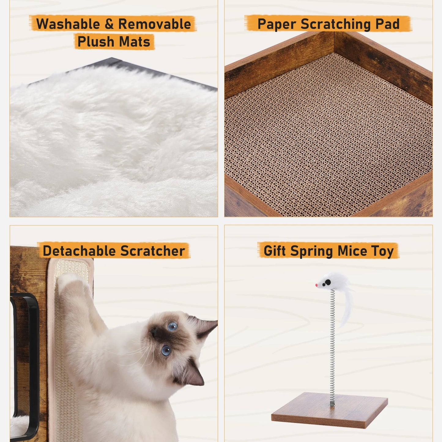 Wood Cat Condo House Bed with Removable Soft Mats | Modern Cat Tree Tower with Scratching Pad Cat | Scratcher Furniture Kitten Toys