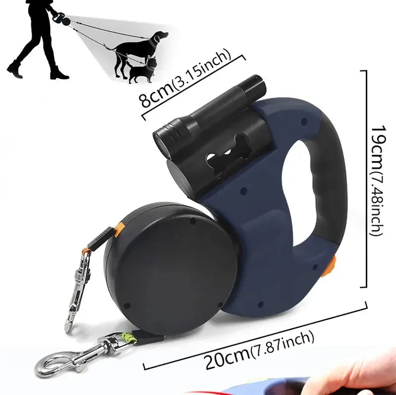 3in1 Double Head Automatic retractable Dog leash Flashlight Poop Bag Dispenser Reflective Pet Cat Extendable Puppy Traction Rope