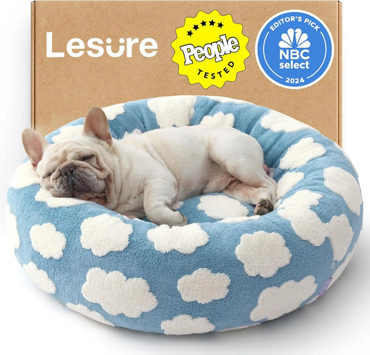 Cozy Round Donut Pet Bed with Washable Cover, Anti-Slip Bottom, 30 Inch Blue for Dogs and Cats