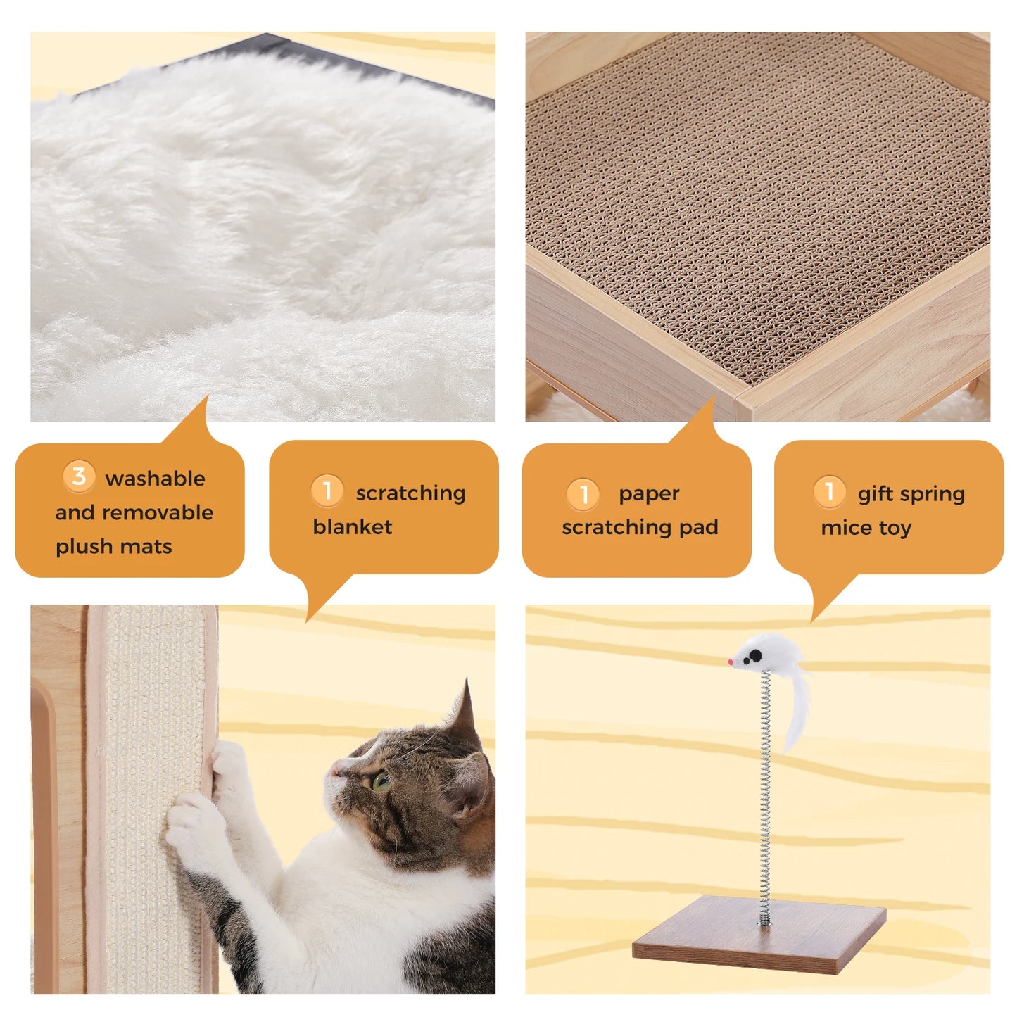 Wood Cat Condo House Bed with Removable Soft Mats | Modern Cat Tree Tower with Scratching Pad Cat | Scratcher Furniture Kitten Toys
