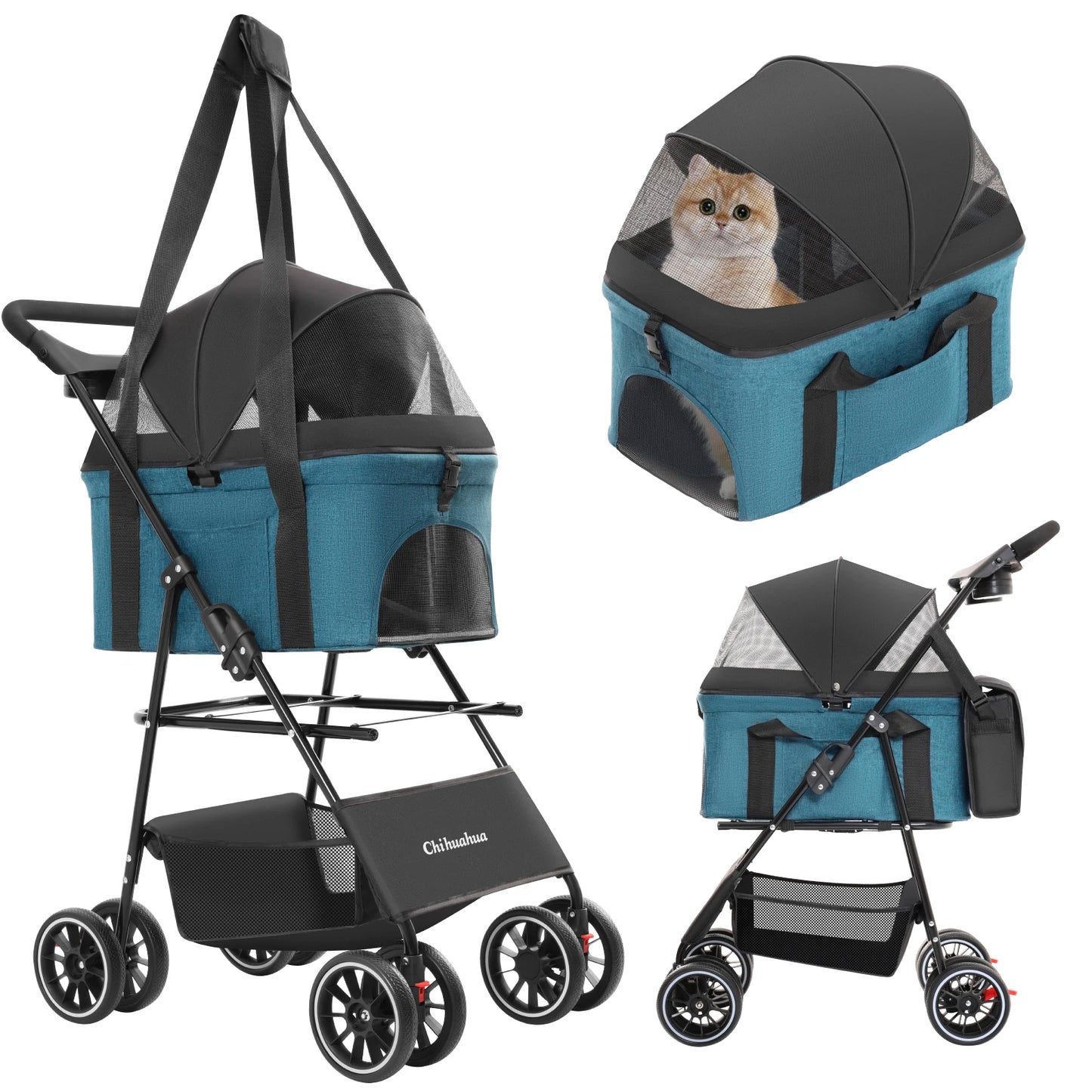 Pet Stroller with Canopy 4 Wheels | Strolling Cart for Small/Medium Dogs and Cats with Removable Carrier Breathable Mesh