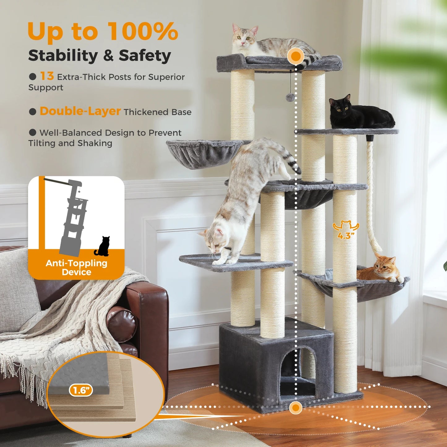 Large Tree Robust Cat Tower with Several Levels| Cat House Climbing Tree with Hammock 11 Sisal Posts  Perch
