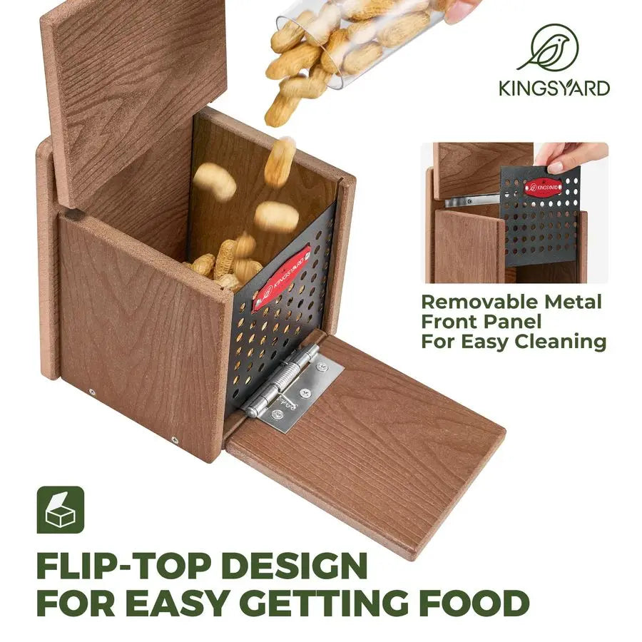 Squirrel Feeder Box for Outside, Recycled Plastic  with Removable Metal Front Panel  Perch, Easy to Fill