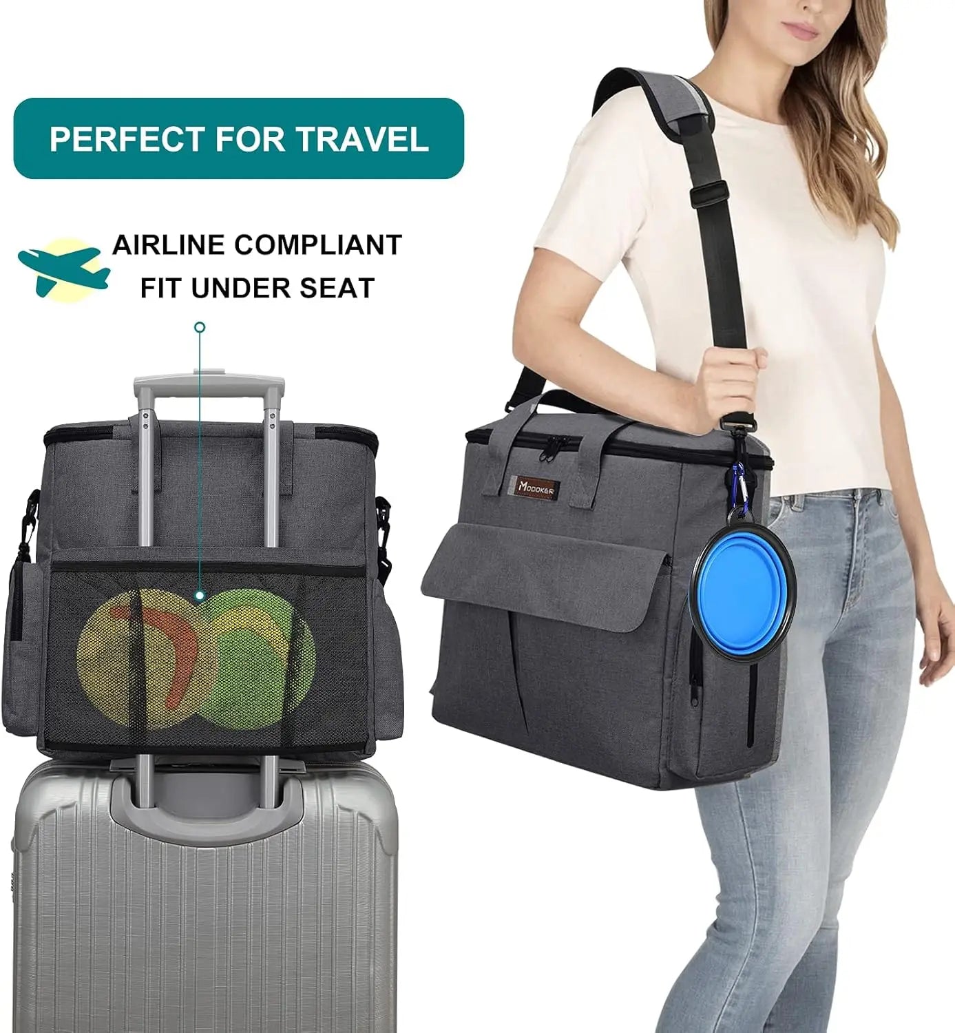 Airline Approved Pet Travel Bag, Dog & Cat Weekend Set with Organizer, Pockets, Food Containers & Collapsible Bowls (Dark Gray)